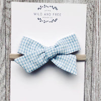 Light blue and white check school girl bow