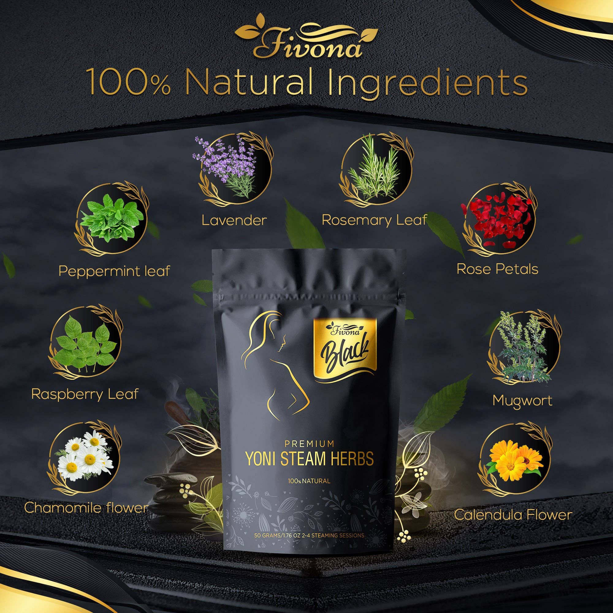Fivona Black Premium Yoni Steam Herbs. 100% Natural and Organic V-Steam Herbs. Relaxing and Rejuvenating. (50g/ 1.76 oz)