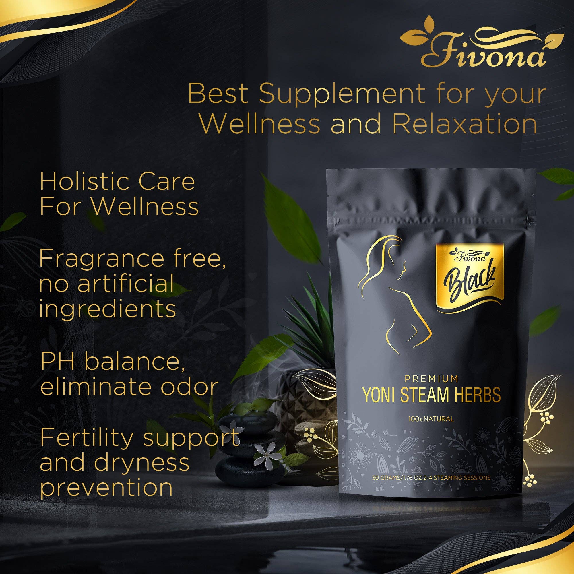 Fivona Black Premium Yoni Steam Herbs. 100% Natural and Organic V-Steam Herbs. Relaxing and Rejuvenating. (50g/ 1.76 oz)