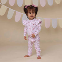 Snuggle Hunny- Alice’s Tea Party Organic Snugglesuit Convertible Romper with FRILL