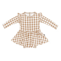 Kyte- Long Sleeve Twirl Bodysuit Dress in Gingham Bisque