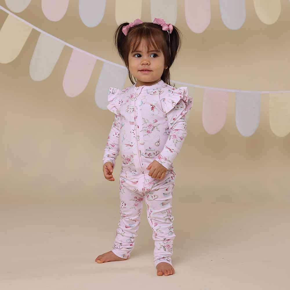 Snuggle Hunny- Alice’s Tea Party Organic Snugglesuit Convertible Romper with FRILL