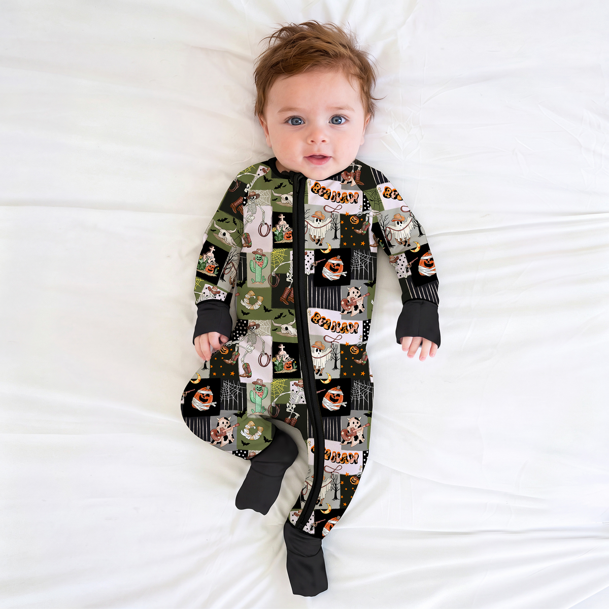 Western Cowboy Patchwork Baby Bamboo Zipper Pajama Romper