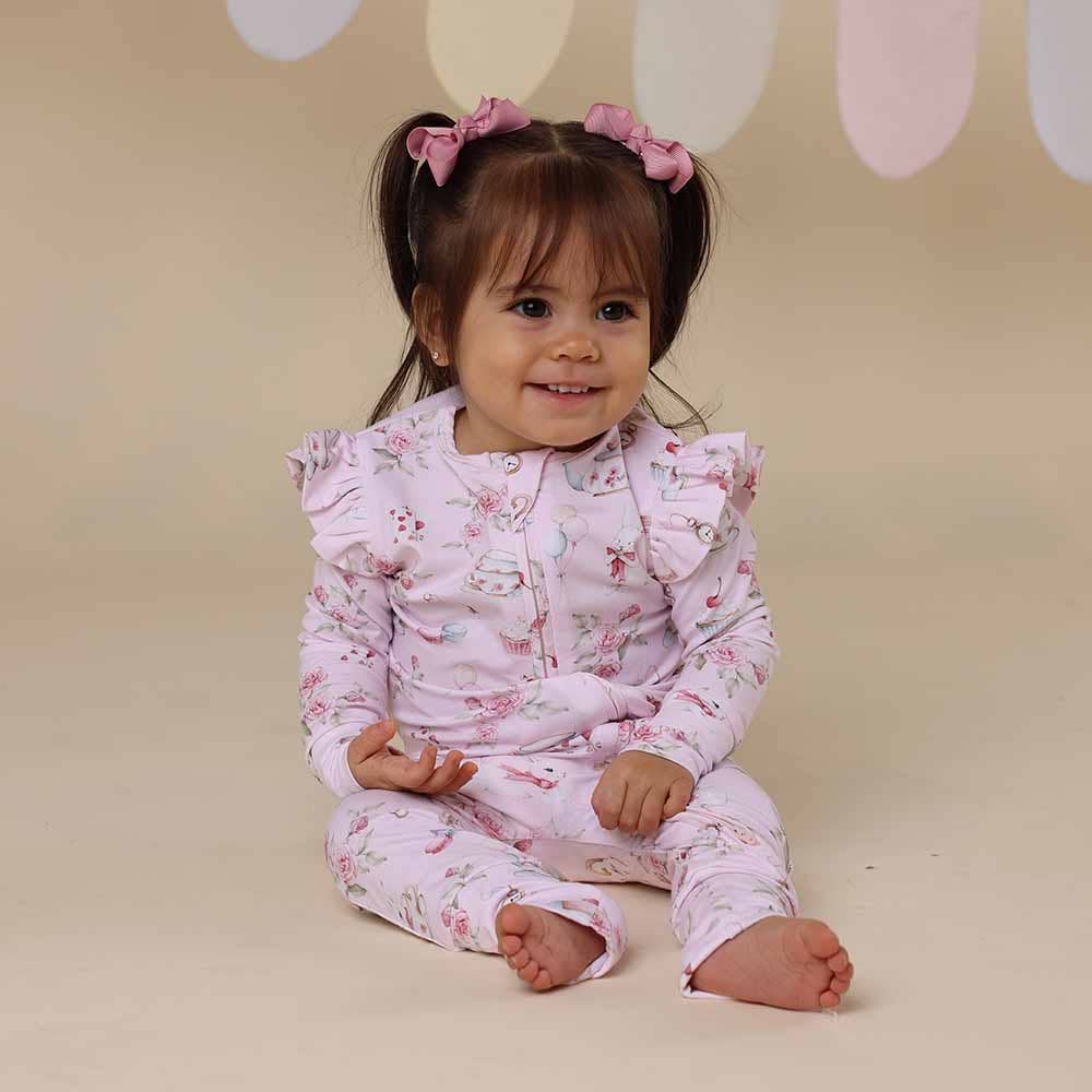 Snuggle Hunny- Alice’s Tea Party Organic Snugglesuit Convertible Romper with FRILL