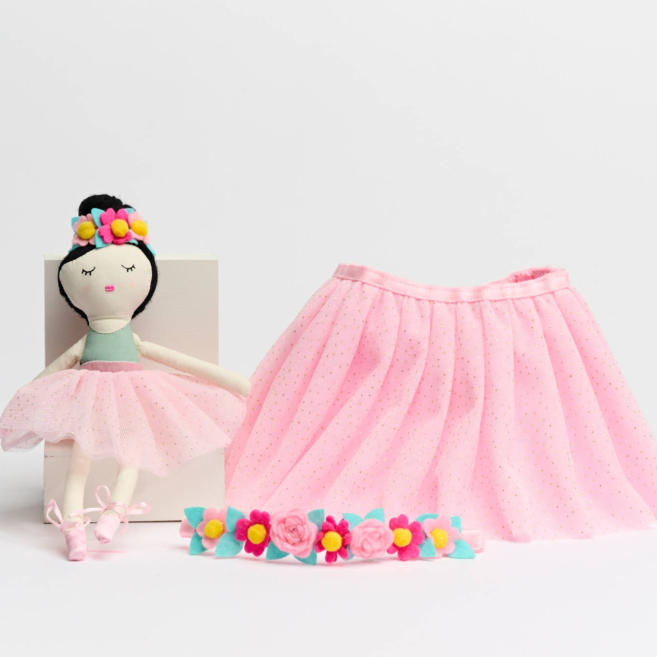 Tutu Set With Flowers Headband And Doll 10" - One Size