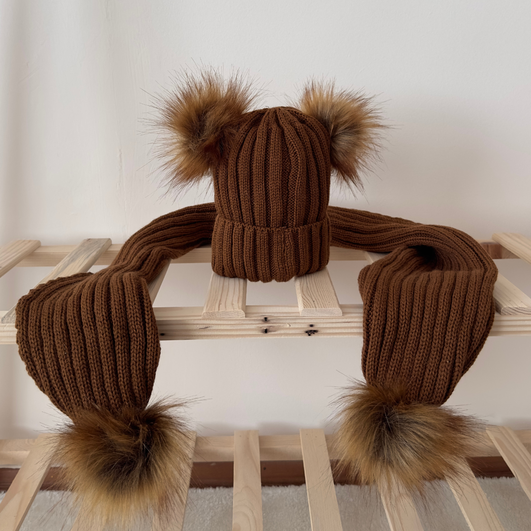 Nordic Knitted Brown Beanie and Scarf Set