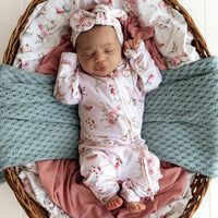 Snuggle Hunny- Alice’s Tea Party Organic Snugglesuit Convertible Romper with FRILL