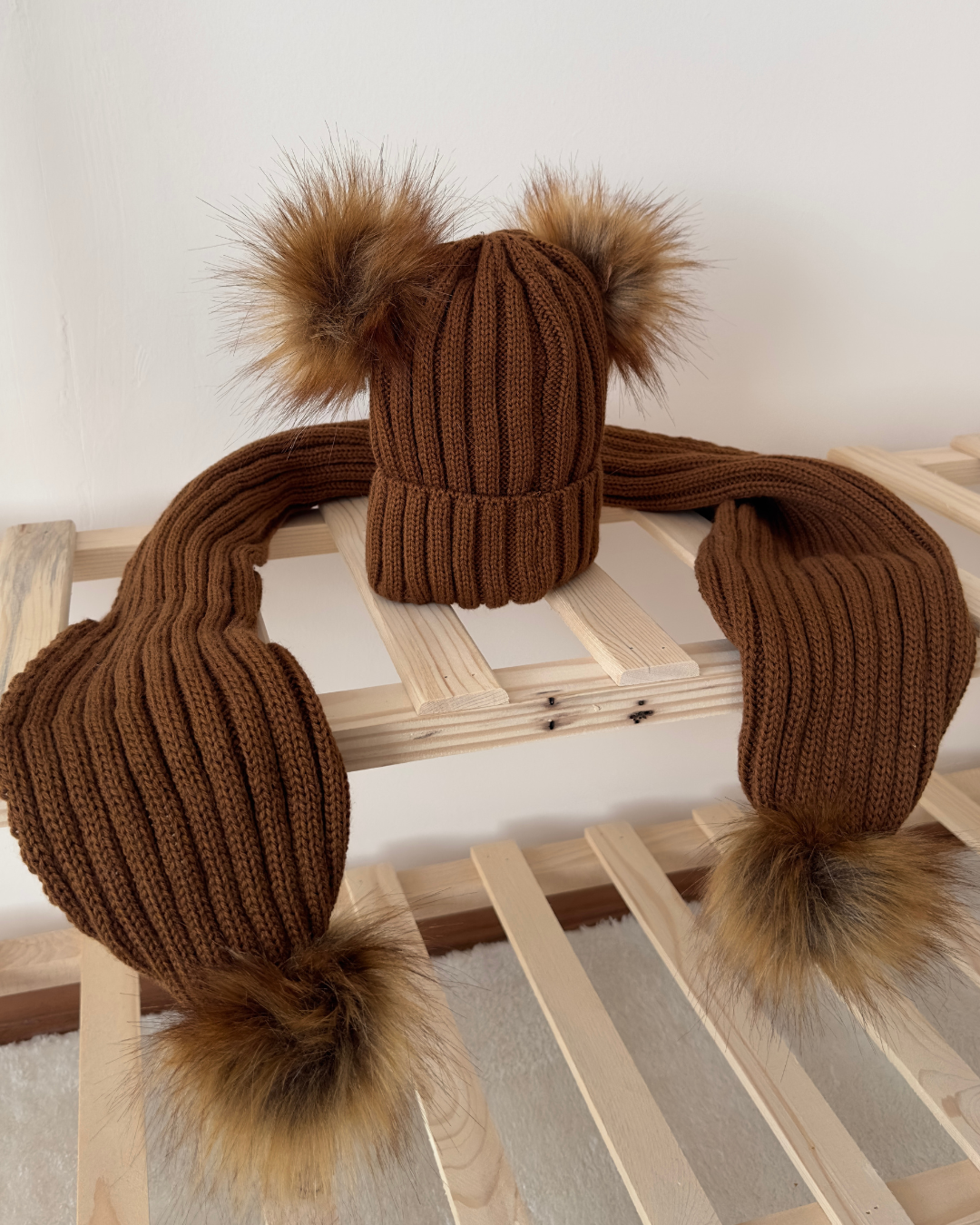 Nordic Knitted Brown Beanie and Scarf Set