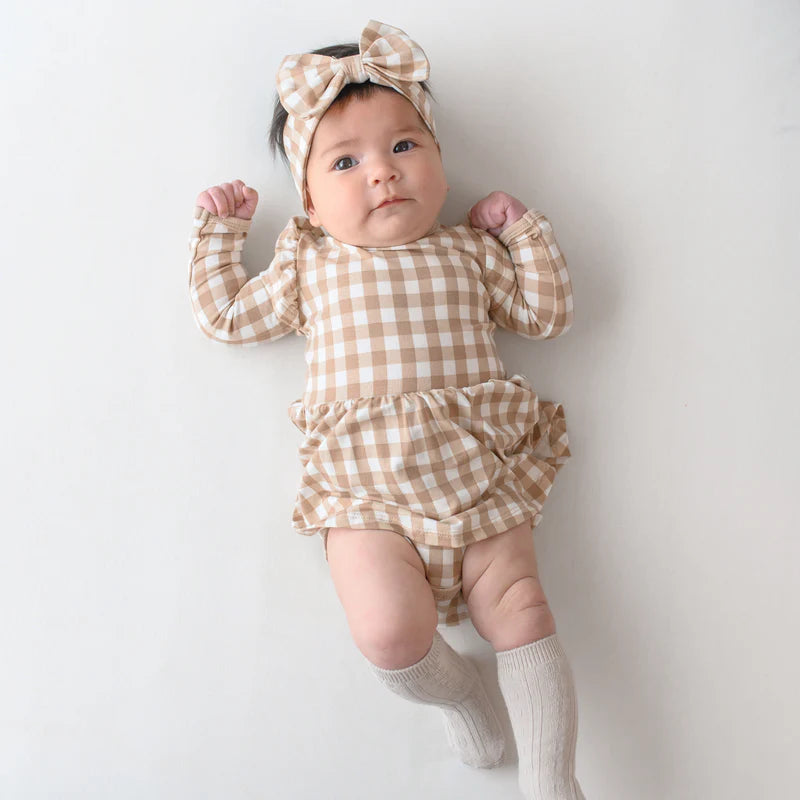 Kyte- Long Sleeve Twirl Bodysuit Dress in Gingham Bisque