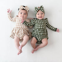 Kyte- Long Sleeve Twirl Bodysuit Dress in Gingham Bisque