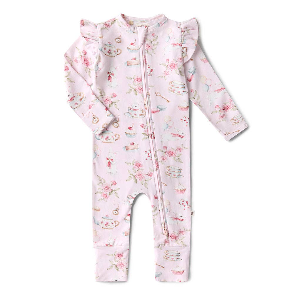 Snuggle Hunny- Alice’s Tea Party Organic Snugglesuit Convertible Romper with FRILL