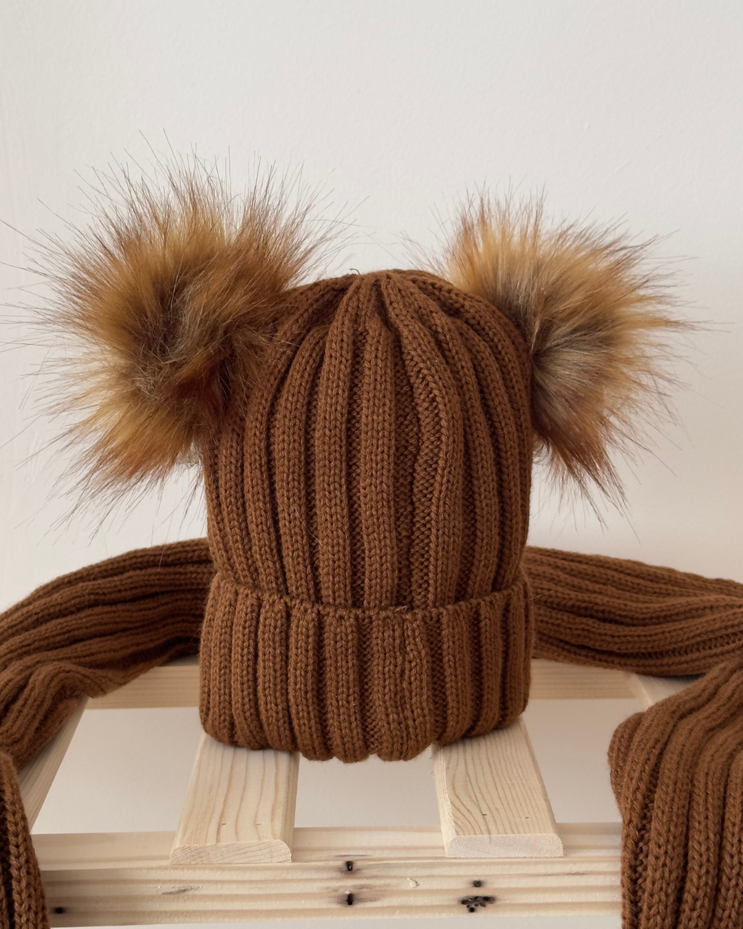 Nordic Knitted Brown Beanie and Scarf Set