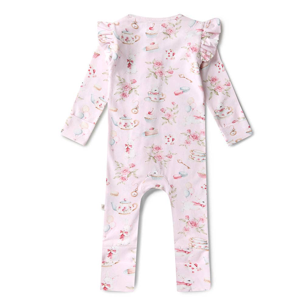 Snuggle Hunny- Alice’s Tea Party Organic Snugglesuit Convertible Romper with FRILL